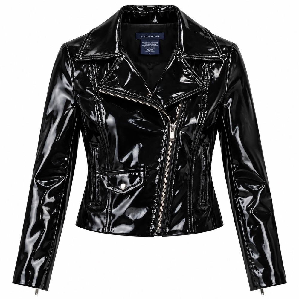 Boston Proper Womens Moto Jacket Size 4 Polyurethane Black Patent Biker Edgy